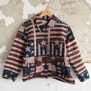 Vtg Tapestry Jacket Stars Stripes Americana Patriotic Patchwork Coat Womens XL